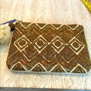 Beaded gold and ivory clutch zipper purse